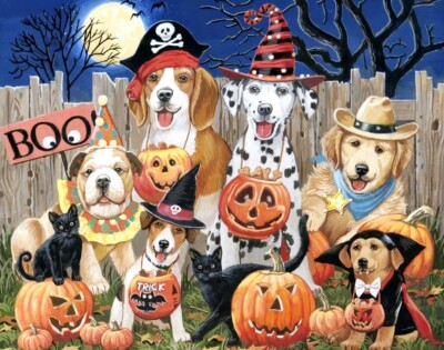 David Textiles Halloween Tricksters  Quilting Fabric Panel With Dogs And Pumpkin