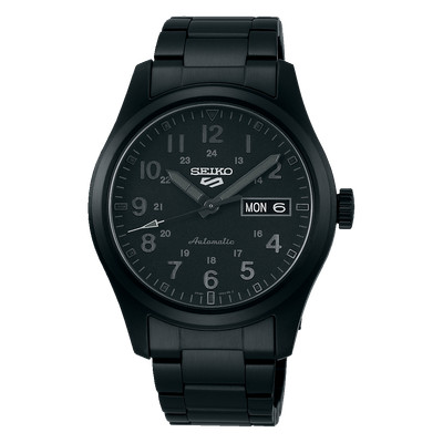 Seiko 5 Sports Herren Automatik Uhr schwarzes Ziffernblatt schwarzes Armband SRPJ09K1