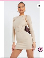 NWT Pretty Little Thing Stone Ribbed Layered Strappy Bodycon Dress Women Size 4