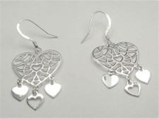 STERLING SILVER DECORATIVE HEART AND THREE DANGLING HEARTS HOOK EARRINGS