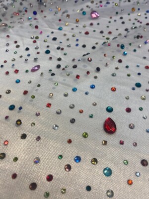 Beaded Multicolor Rhinestone Bridal on white mesh fabric, 54 inches wide