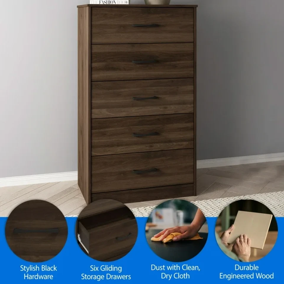 Comoda Para Habitacion Con 5 Cajones De Madera Walnut Muebles El Dormitorio Ropa - Image 4 of 4