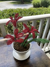 Vintage Glass Seed Bead Flower Arrangement in Ceramic Pot with Saucer
