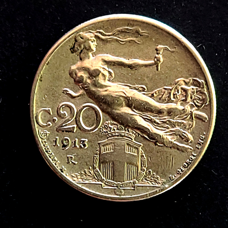 ITALY 1913 - 20 Centesimi - AU Vintage Collectible Flying Nude Woman Coin