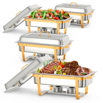 4-Pack Gold Chafing Dish Buffet Set 8 QT with Folding Frame Spoon Tweezer