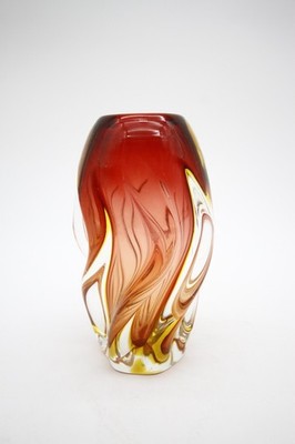 Mid Century Murano Glass Swirl Vase Red Yellow Clear Glass Hand