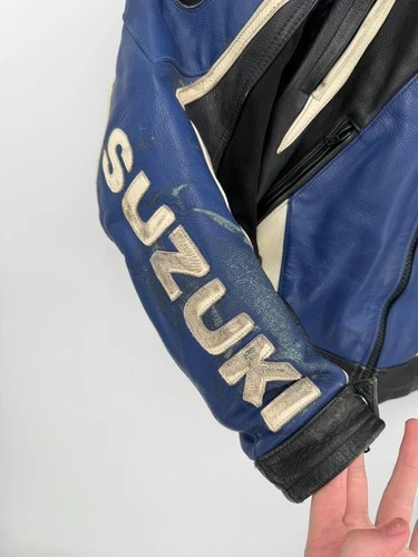 AGV Sport Suzuki GSXR Leather Motorcycle Jacket Blue Black White Mens Size 46 image 2