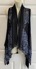 Adore Women's Black Blue Floral Lace Longline Draped Open Duster Cardigan Sz S