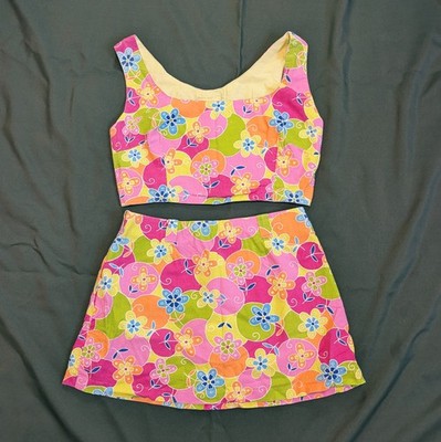 Summer VTG Vacay MiniSkirt + Crop Top Set Beach Party S Daisies Handmade