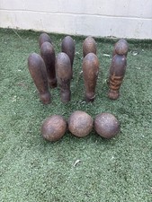 Victorian /Edwardian Pub Skittles Set 9 Wooden Pins 3 Balls Antique Tavern Game