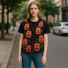 Vintage 90s Bobbie Brooks Halloween Jack-o-Lantern Sweater Vest 14W/16W Womens