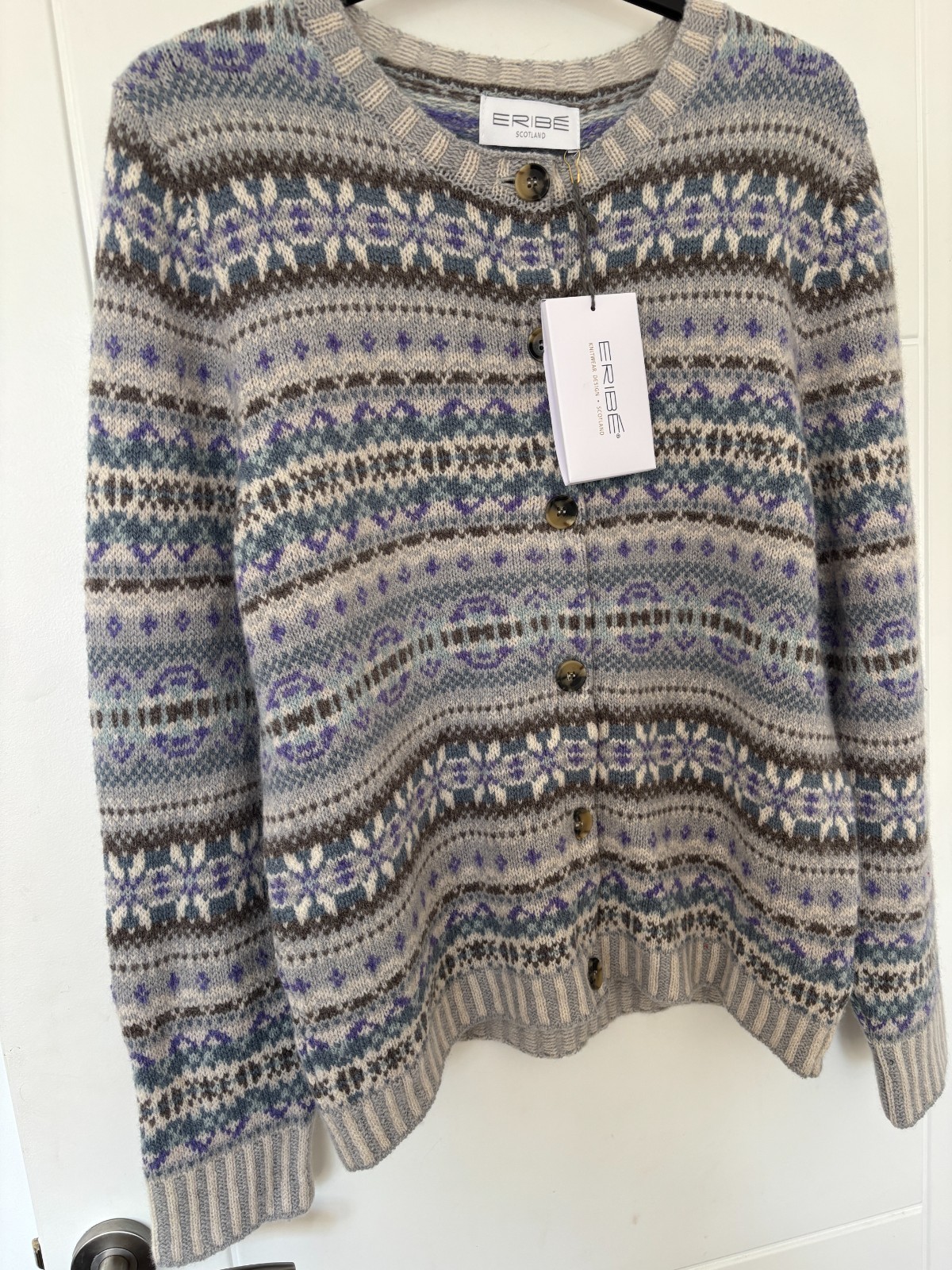 Eribe Cardigan L Fair Isle Wool Knit Scotland Button Nordic Pattern NWT image 7