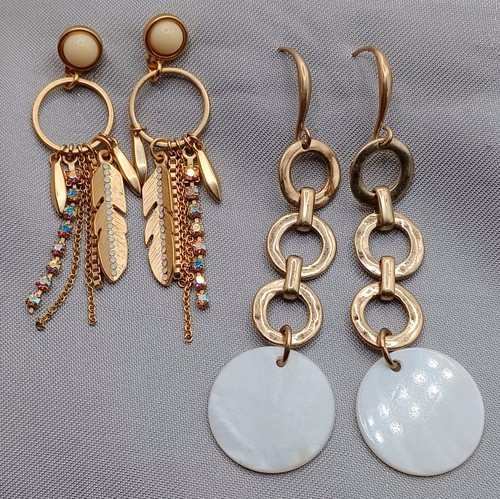 Two Pair Dangle Earrings Gold Tone Feather, Rhinestone, Chain, Mother of Pearl