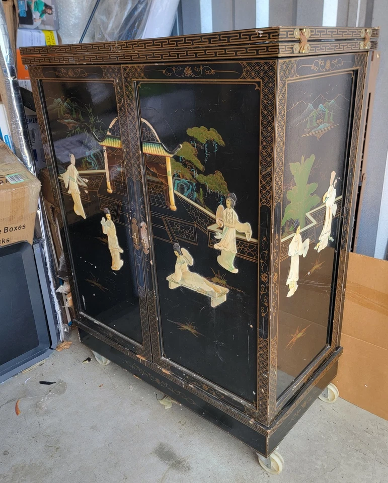 Barra dobrável asiática, meados do século, madrepérola lacada preta, *RETIRADA LOCAL* - Imagem 2 de 4