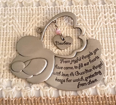 Pewter Newborn Baby Guardian Angel Christmas Ornament, Holiday, Camco, Heart
