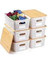 Stackable Storage Baskets with Bamboo Lids Set of 6 Plastic Organizers