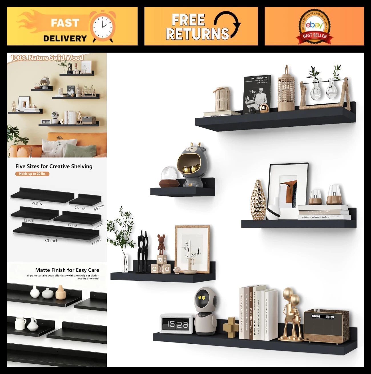 Set of 5 Black Floating Shelves - 30" Natural Wood Wall Mounted Storage & Decor