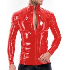 Mens PVC Leather Zipper Stand Collar Shirts S...