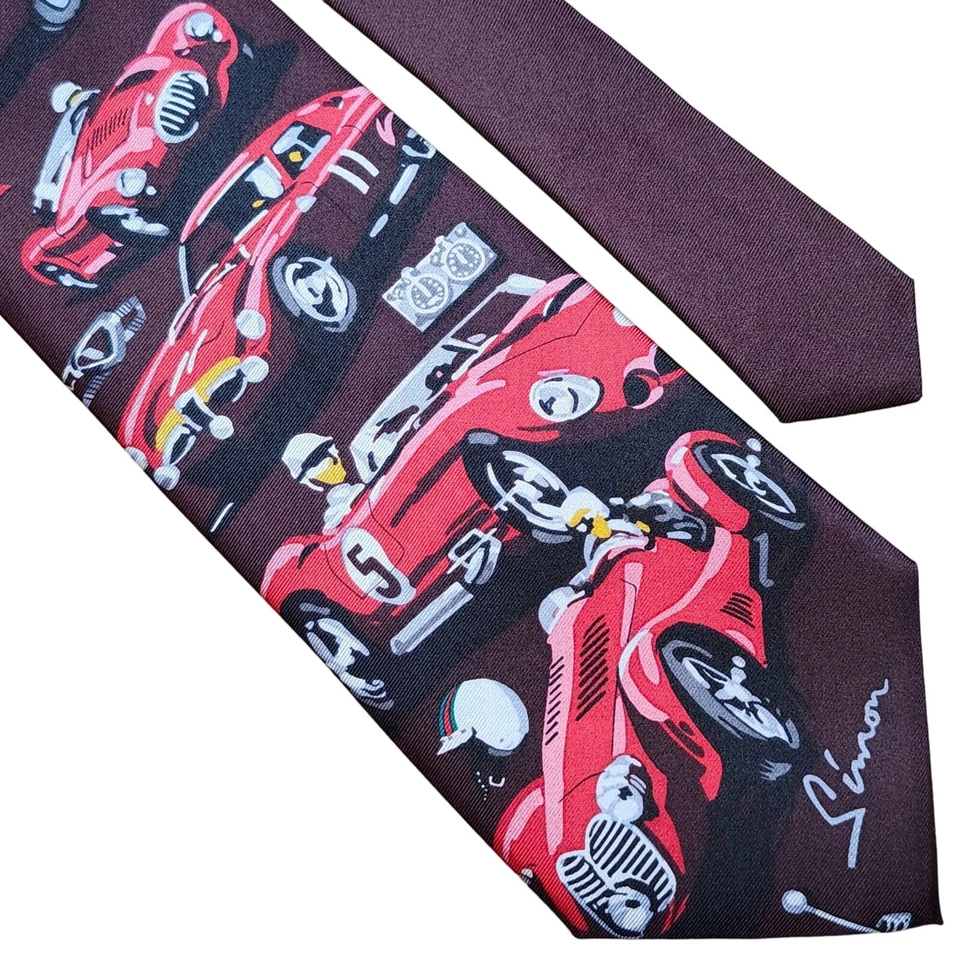 Corbata de seda vintage Dennis Simon Red Blooded Italians Century Of Speed edición limitada Foto 3 de 4