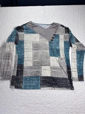 Blue Grey Geometric Colorblock Cowl Button Neck Long Sleeve Blouse size xl