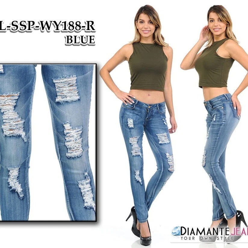 Women's Light Wash Ripped Jeans With Diamante Detail –