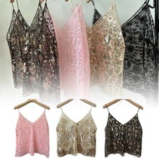 Women's Summer Sequin Bead Sexy Sling Slim Fit Vest Short V-neck Tank Top