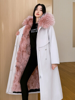 Women Detachable Real Fox Fur Collar Lined Long Coat Parka Over Knee Overcoat Sz