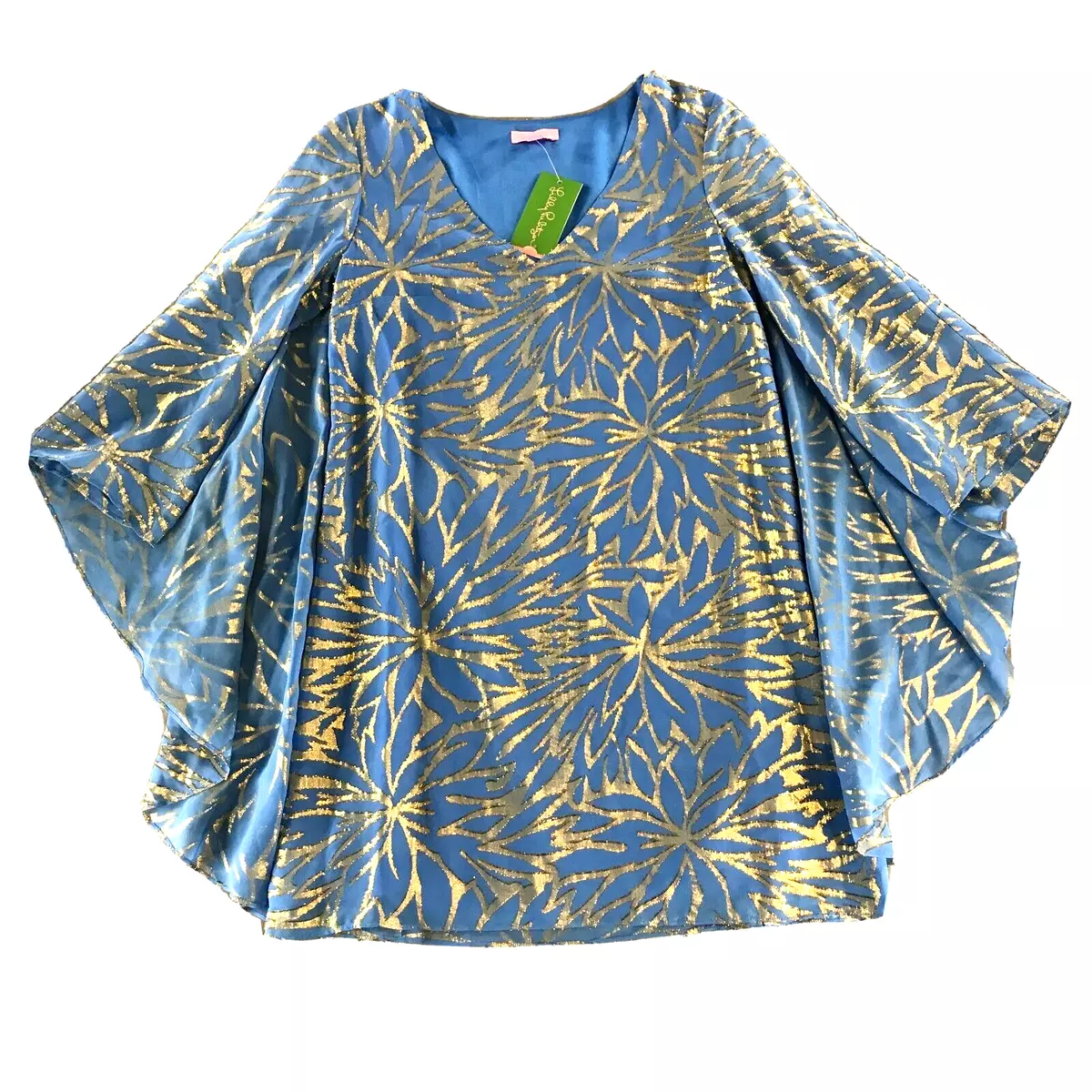 NWT Lilly Pulitzer Dress 0 Silk Miri Caftan Blue Gold Short Metallic Palm