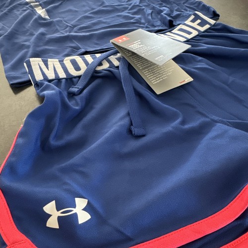 NWT Girls Under Armour Short Sleeve Blue Shirt & Shorts M Athletic Youth Small 6 - Picture 3 of 6
