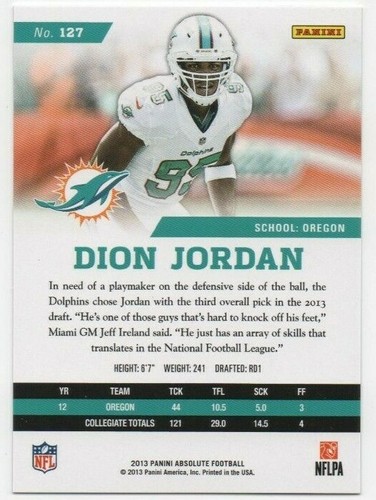 Dion Jordan 2013 Panini Absolute Football SP Rookies #69/99 Dolphins - Bild 2 von 2