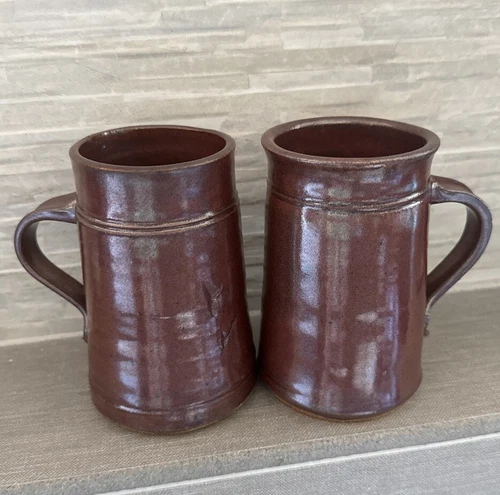 Studio Pottery Coffee Tea/Cups Raku Style Glaze Stoneware Signed Set Of #2 5.5”
