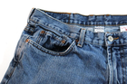 Blue and white VTG Lucky Brand jeans with brown paint splatter on right leg, 34x30 medium wash, and red back patch.