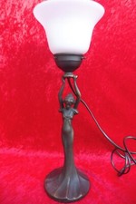 Beautiful Figurine Table Lamp Bronze Base Lady in Dress Glass Shade