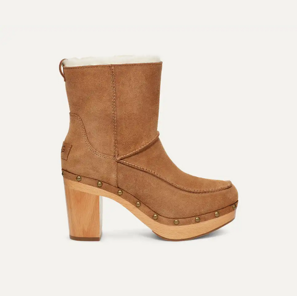 Ugg Kouri Chestnut Sheepskin Wooden Clogs Size 8M 3.5 Inch Heels New No Box