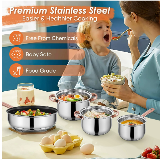 Coliware Rose Gold Pots and Pans Set, 5Pcs Stainless Steel Cookware