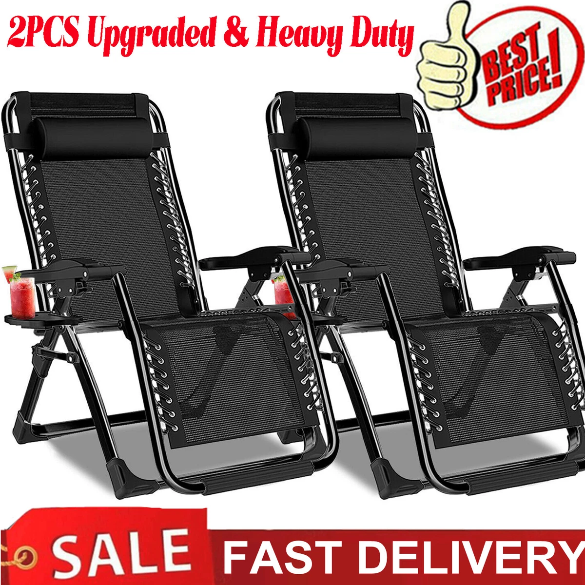 2X Upgraded Zero Gravity Reclining Chair Garden Sun Lounger Folding Pillow Tray