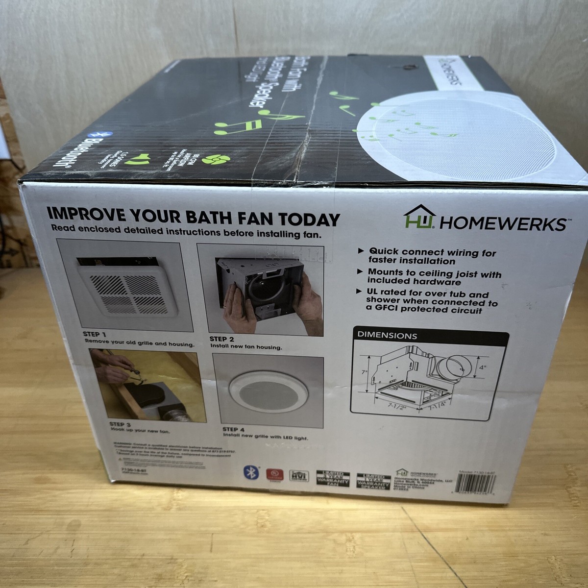 HomeWerks 7130-18-BT 80CFM Ceiling Mount Bathroom Exhaust Fan W/Bluetooth  NEW