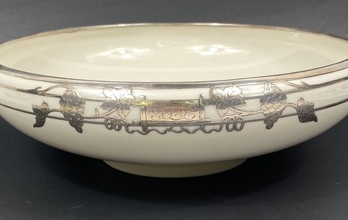 RARE ANTIQUE LENOX BELLEEK CENTERPIECE BOWL GRAPEVINE SILVER OVERLAY 10.5” - Picture 9 of 18