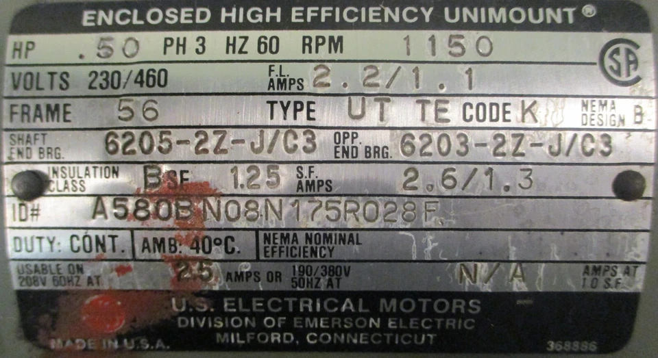 US Electrical Motors A580BN08N175R028F High Efficiency Motor 0.50HP 5/8" Shaft - Image 3 of 4