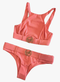 Agent Provocateur pink bikini L gold logo belt NEW bra top & briefs retro style