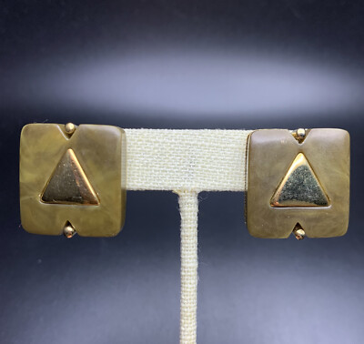 Chunky Clip On Earrings Vintage Geometric Rectangle Triangle Gold Tone Brown