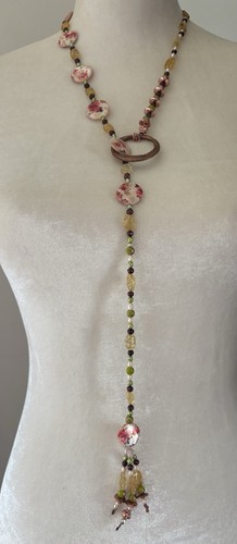 Copper Pearl Glass Multicolor Lariat Necklace Handpieced Jewelry