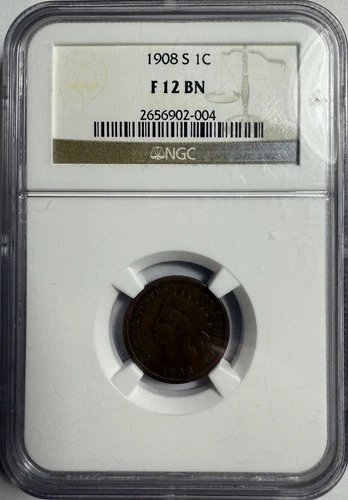 1908-S Indian Head Small Cent NGC F 12 BN Fine - Free Shipping