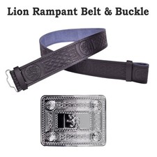 Men's Black Lion Rampant Embossed Kilt Belt and Buckle Adjustable Size belt