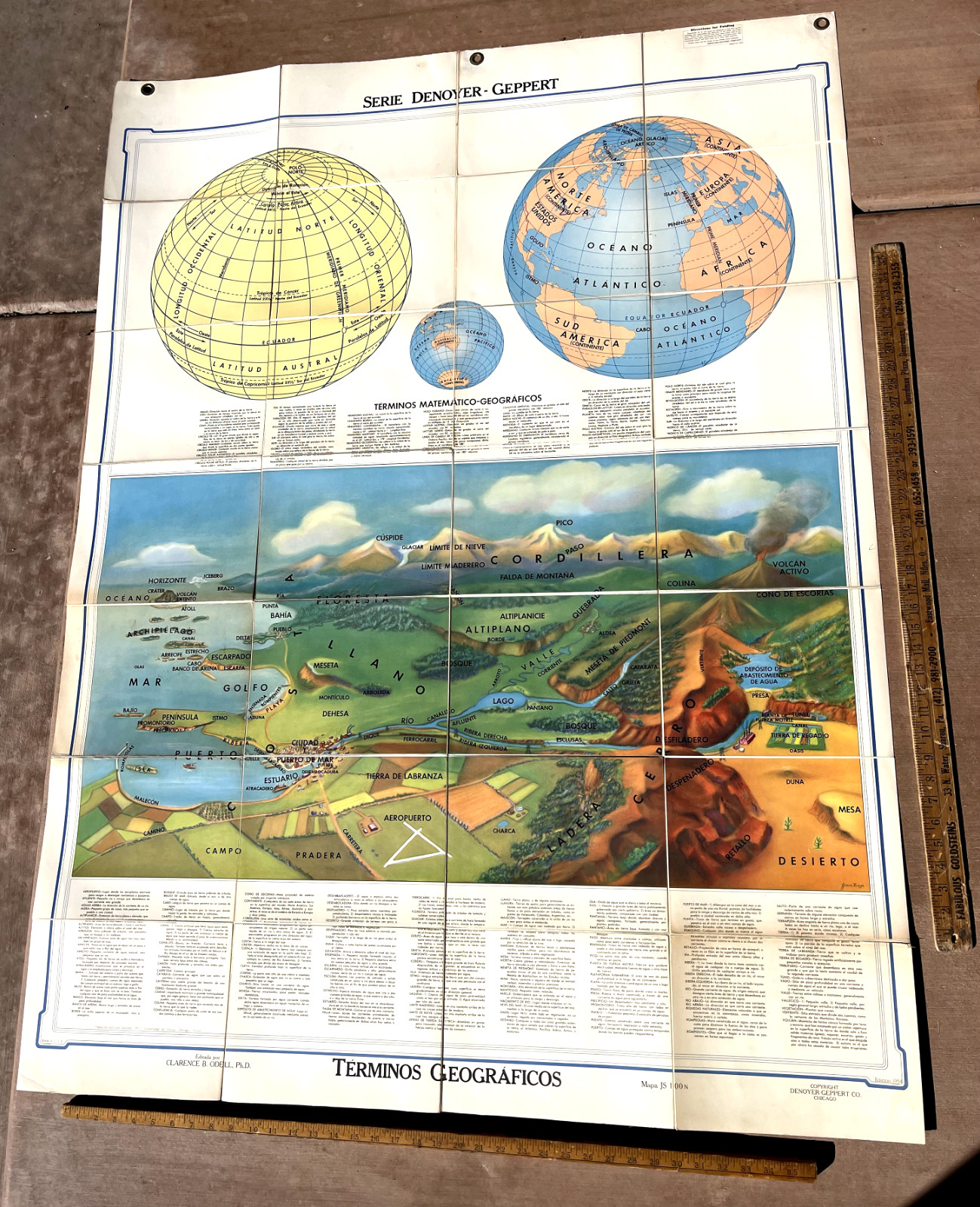 1954 Geographical Terms Folding Map JS100N Denoyer Geppert Rare Spanish Issue