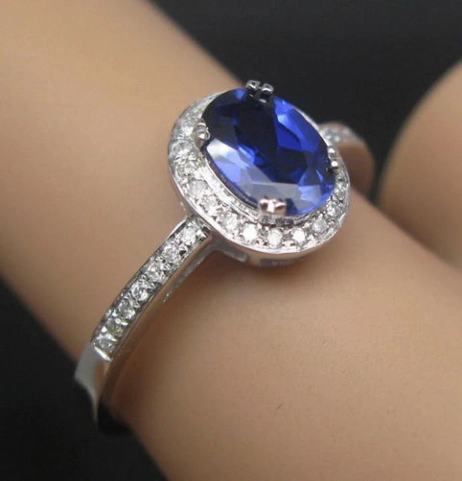 Anel de casamento feminino folheado a ouro branco 14K 2 quilates oval criado em laboratório safira azul - Imagem 2 de 4