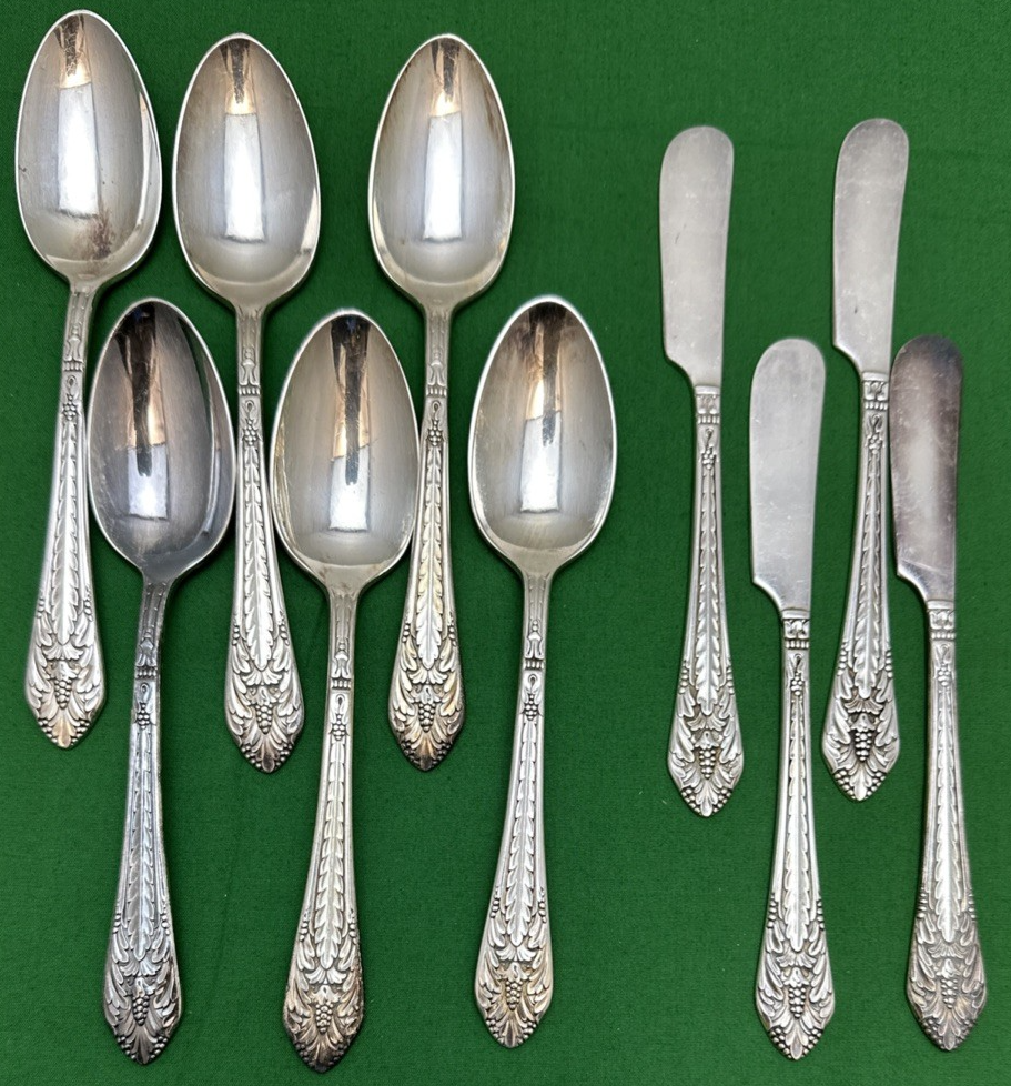 10 Pc MARQUISE Silverplated 6 TEASPOONS & 4 FLAT SPREADERS 1847