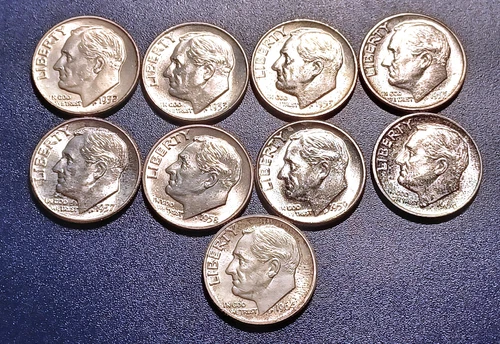 Lot of (9) BU Mixed-date Roosevelt Dimes (1952-1964)
