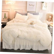 Longfur Faux Fur Duvet Queen-1Duvet Cover 2Pompom Pillowshams Cream White