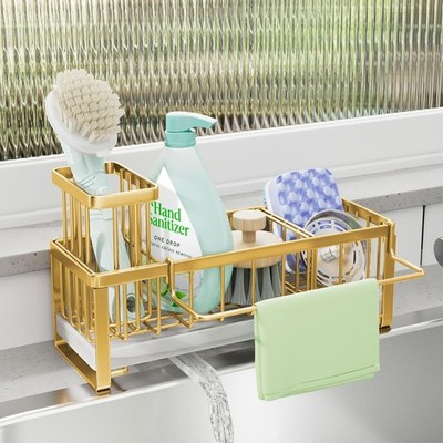 SWTYMIKI Gold Küchenspüle Caddy Schwammhalter mit Bürstenhalter & selbstentleerend